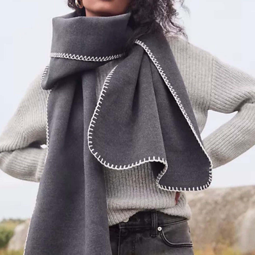 NWT LOFT Gray Flannel Blanket Stitched Trim Oversized Scarf/Wrap 80" x 17.5"